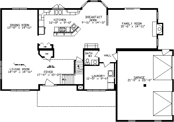 Architectural floor plan of a residential home main level, showing room layouts, including garage, kitchen, and foyer.