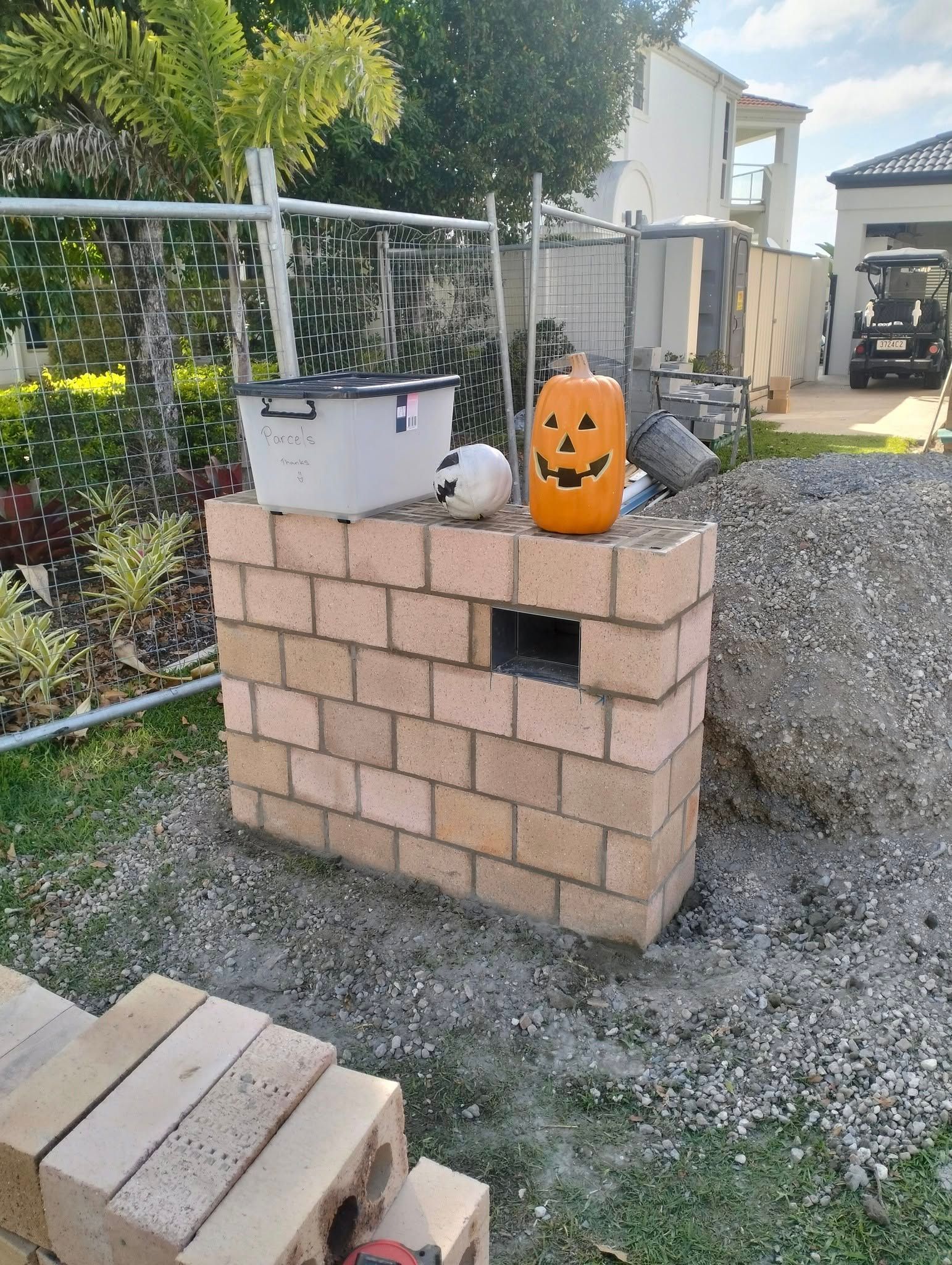 Brick Structure Under Construction, With A Carved Pumpkin On Top — Bricks By Dre In Tallai, QLD