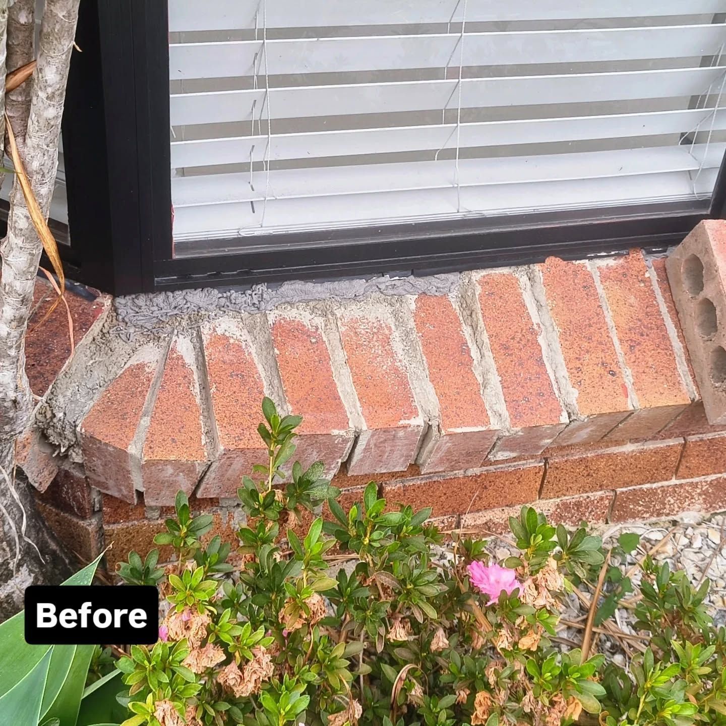 Brick window trim with angled bricks, above green plants, before renovation — Bricks By Dre In Oxenford, QLD