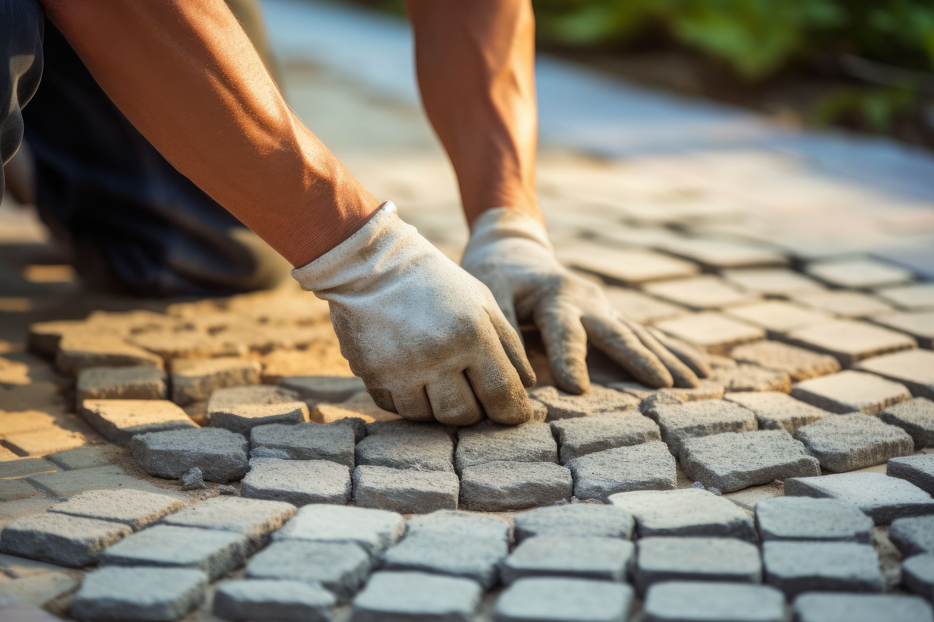 A man wearing gloves is laying bricks on a sidewalk.