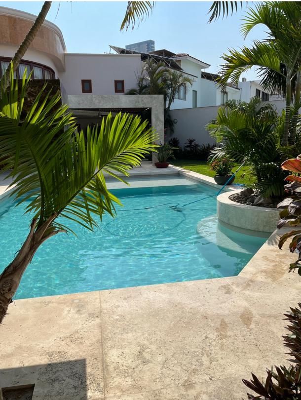 Una gran piscina rodeada de palmeras frente a una casa.