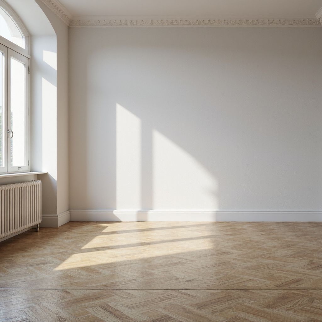Empty room with wood floors and white walls. Sunlight streams in from a large window on the left.
