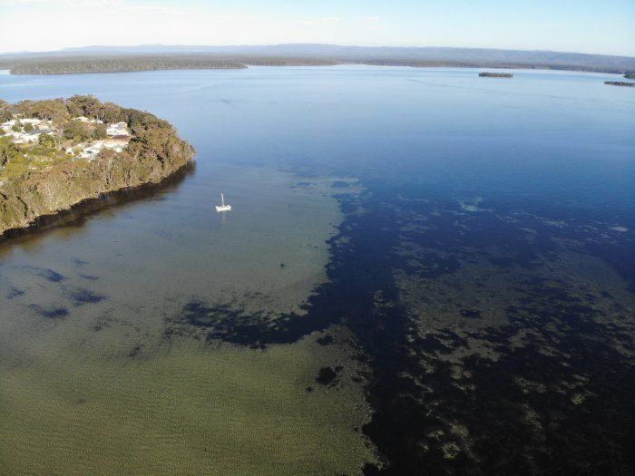 An Aerial View Of A Large Body Of Water With A Small Island In The Middle — Sal's Excavations In Jervis Bay, NSW