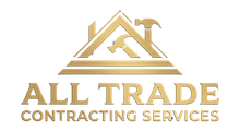 Gold &ldquo;ALL TRADE CONTRACTING SERVICES&rdquo; logo with house and hammer icon on a white background