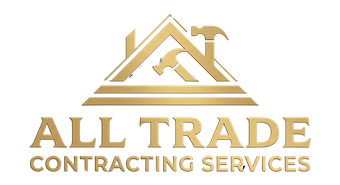 Gold &ldquo;ALL TRADE CONTRACTING SERVICES&rdquo; logo with house and hammer icon on a white background