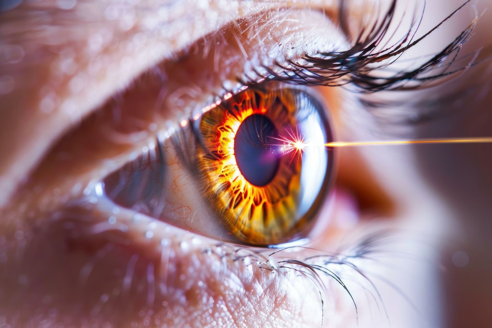 A close up of a woman 's eye with a laser in it.