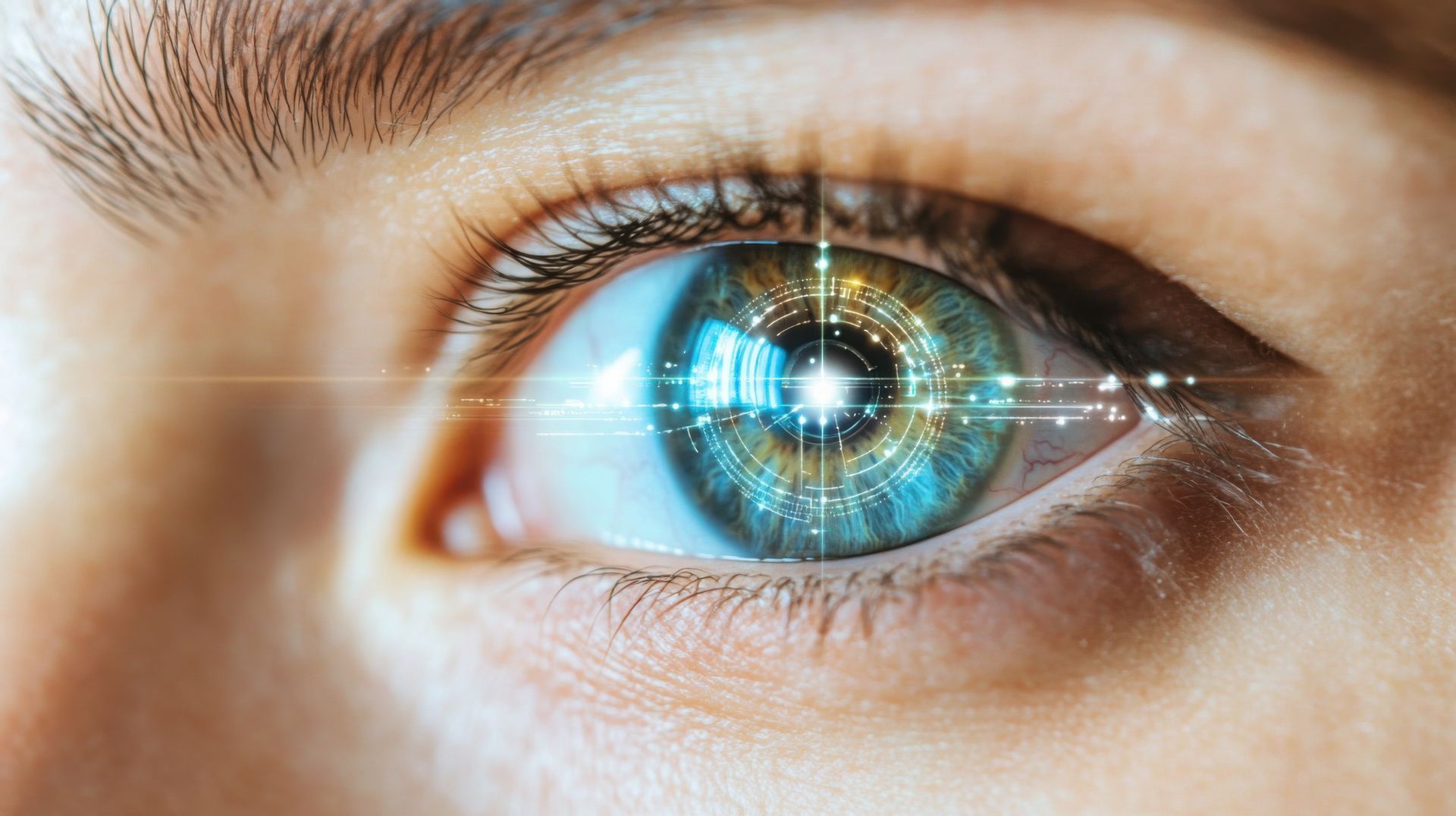 A close up of a woman 's eye with a light coming out of it.