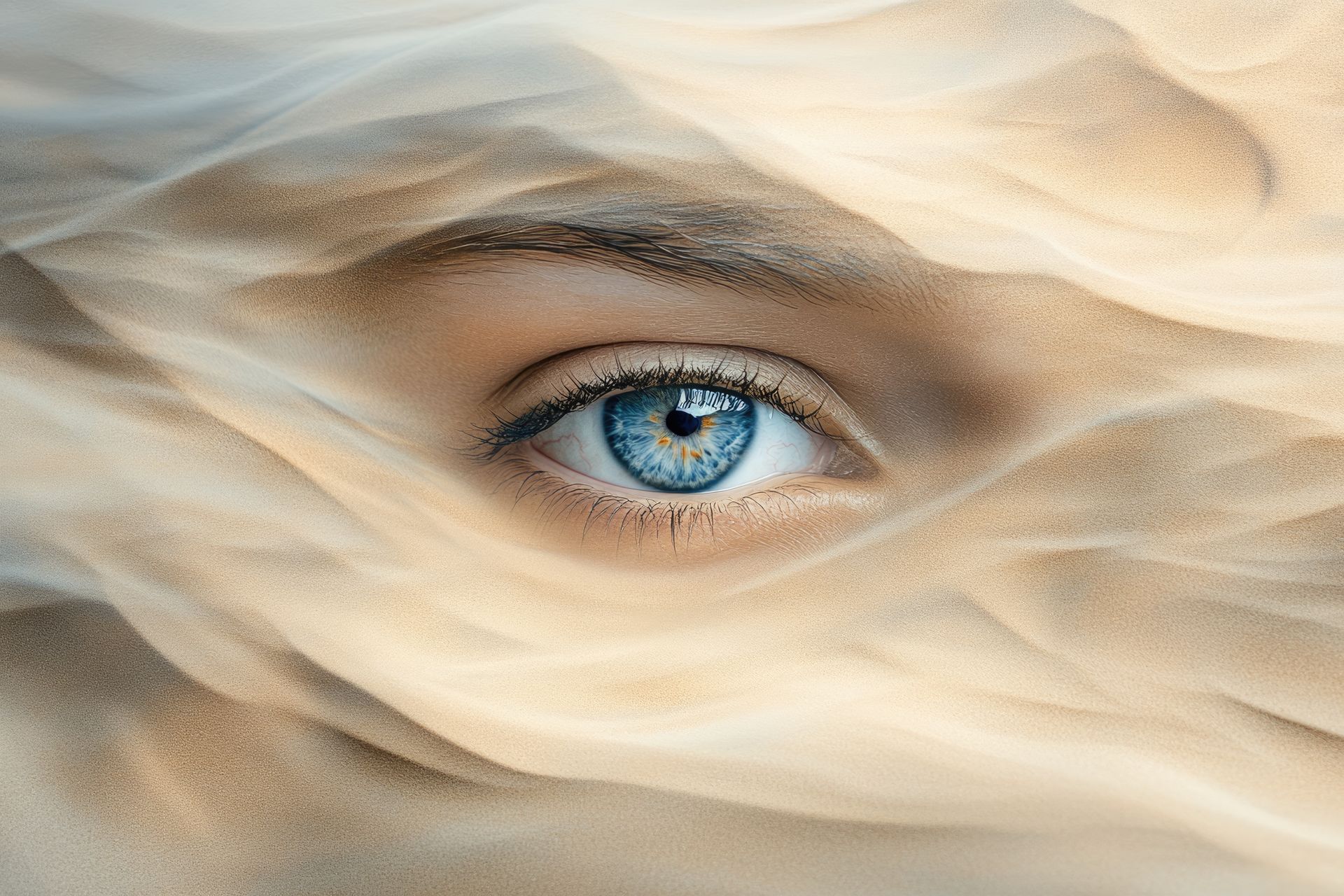 A close up of a woman 's blue eye covered in a white cloth.