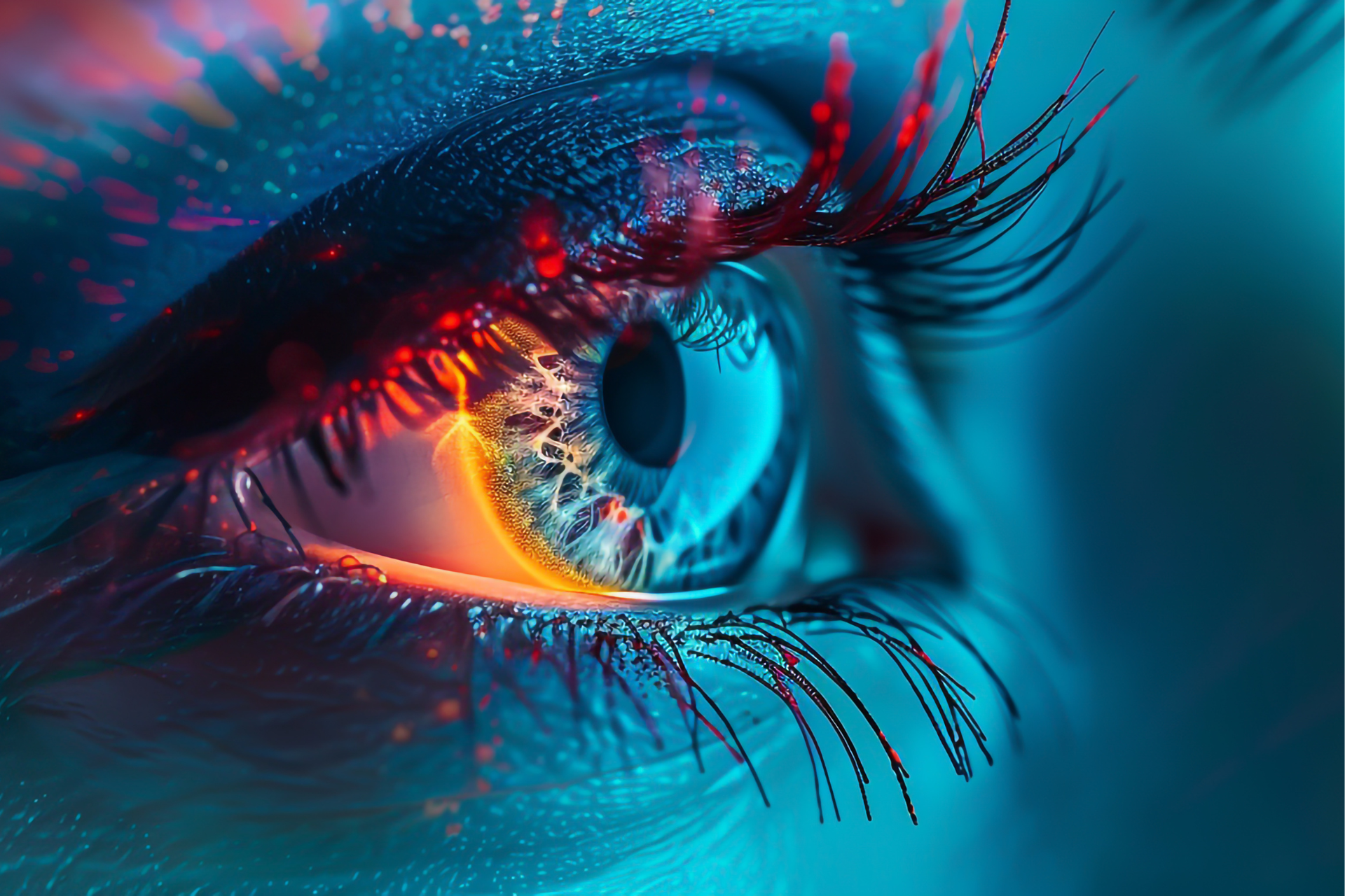 A close up of a woman 's eye with a colorful background.