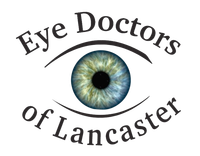 A logo for eye doctors of lancaster with a blue eye