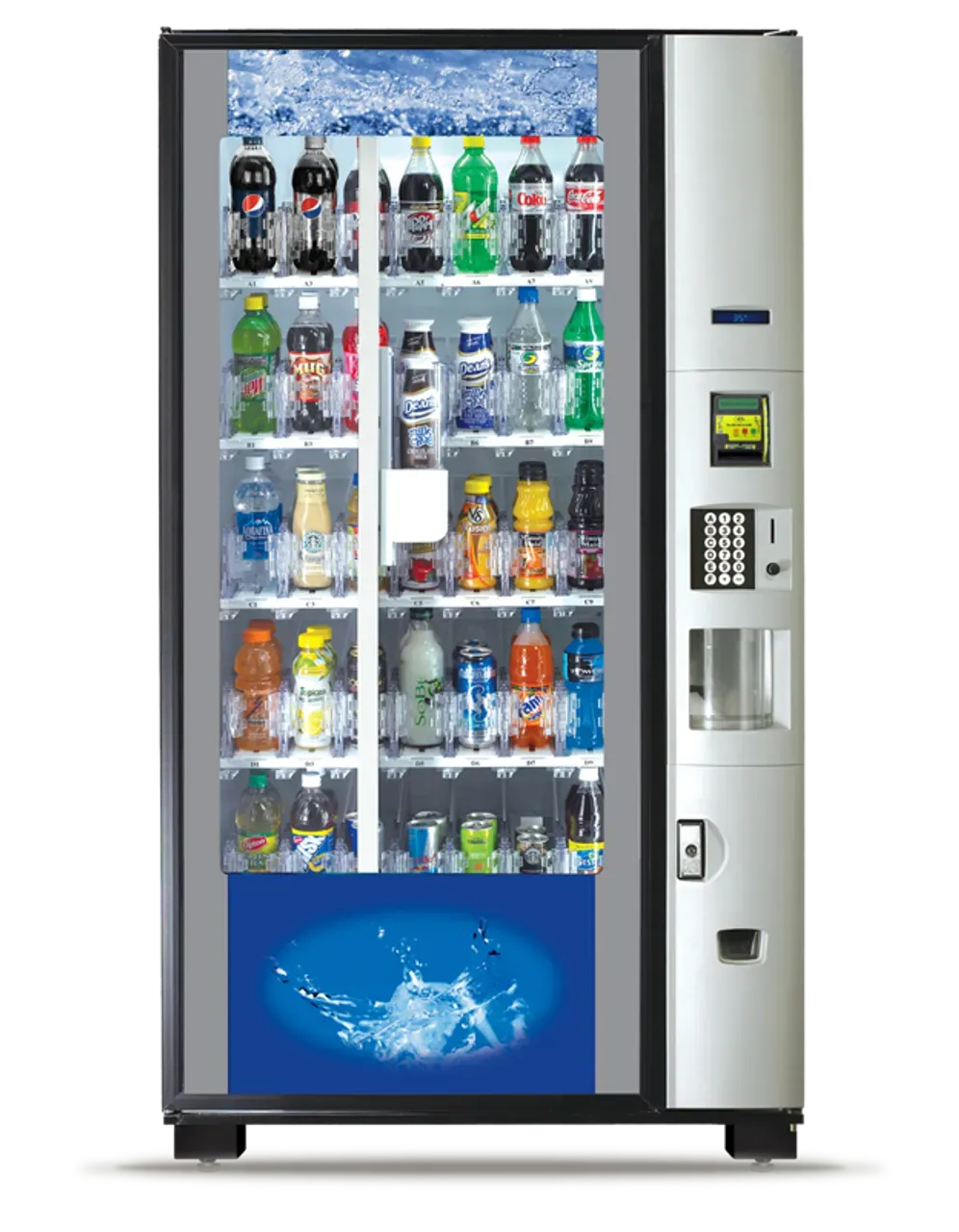 A vending machine filled with bottles of soda and water.