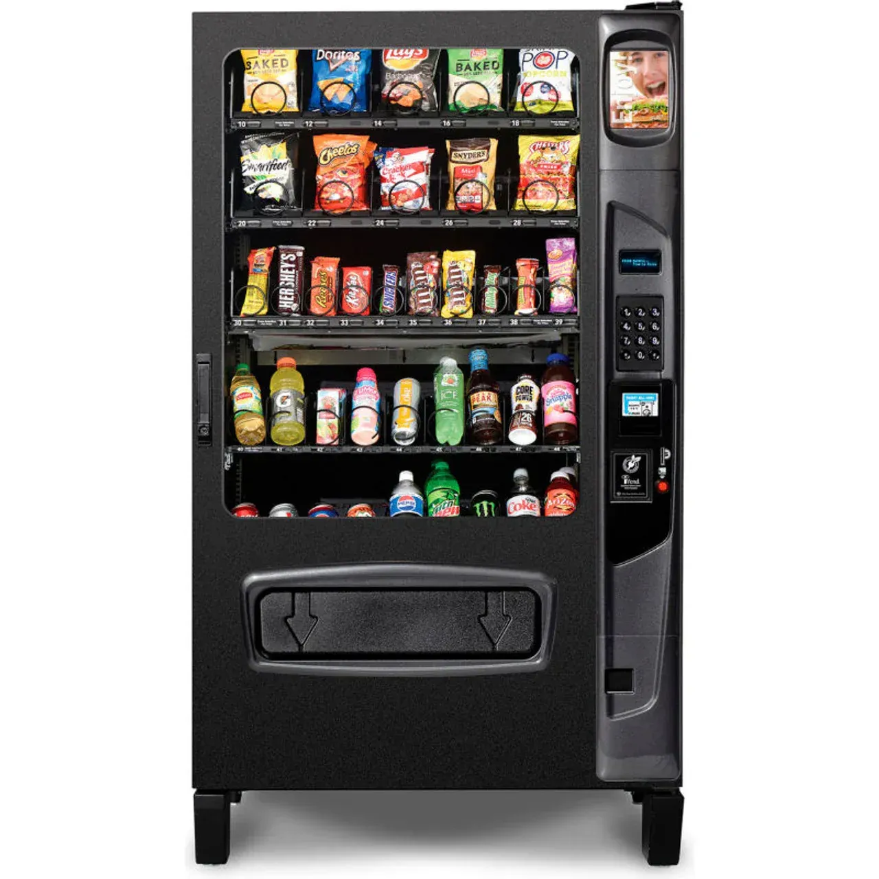 A vending machine filled with snacks and drinks on a white background.