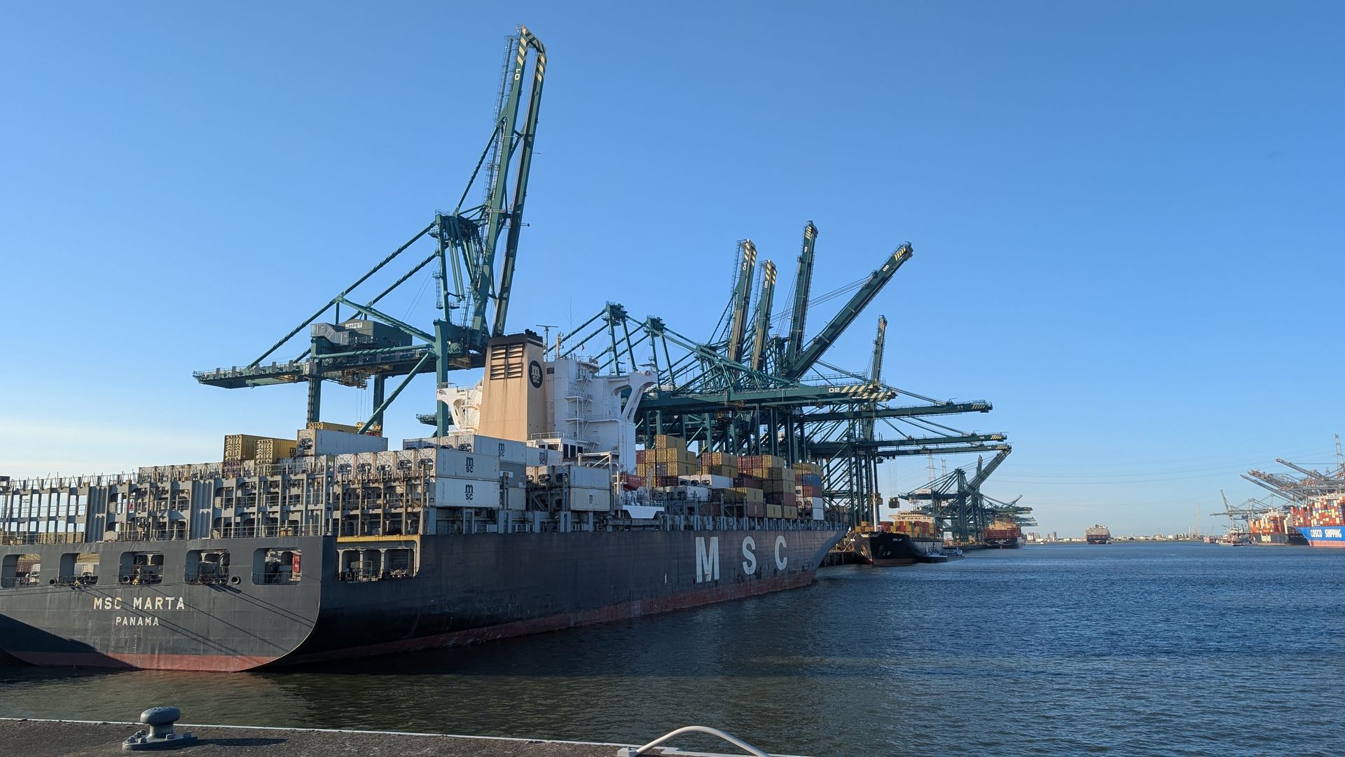 Een vrachtschip ligt aangemeerd in de haven en wordt gelost door hoge kranen, onder een helderblauwe hemel.