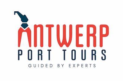 Logo for Antwerp Port Tours; red and navy design; stylized port crane above the word 