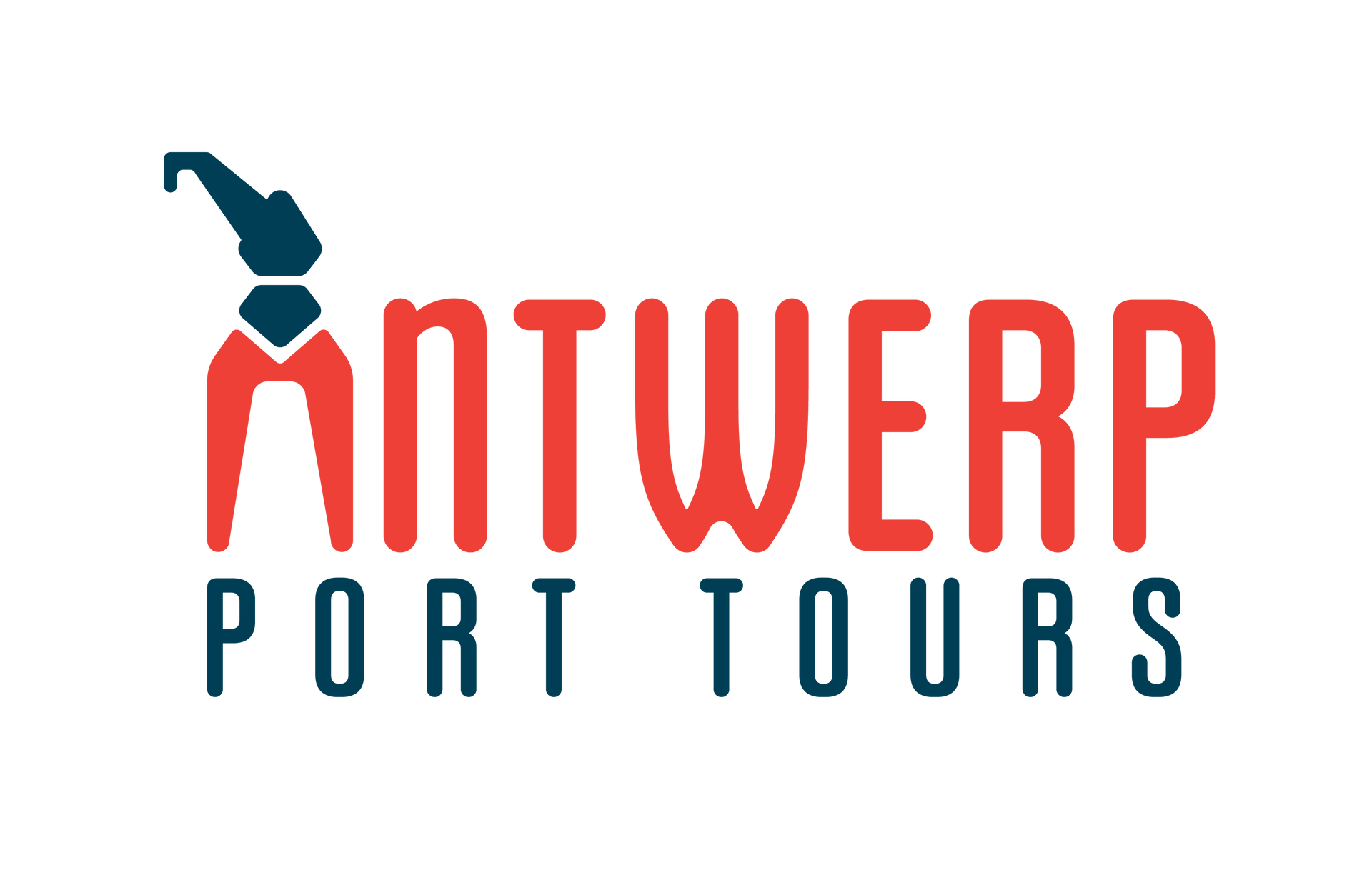 Logo for Antwerp Port Tours with red text and blue graphic of a crane.