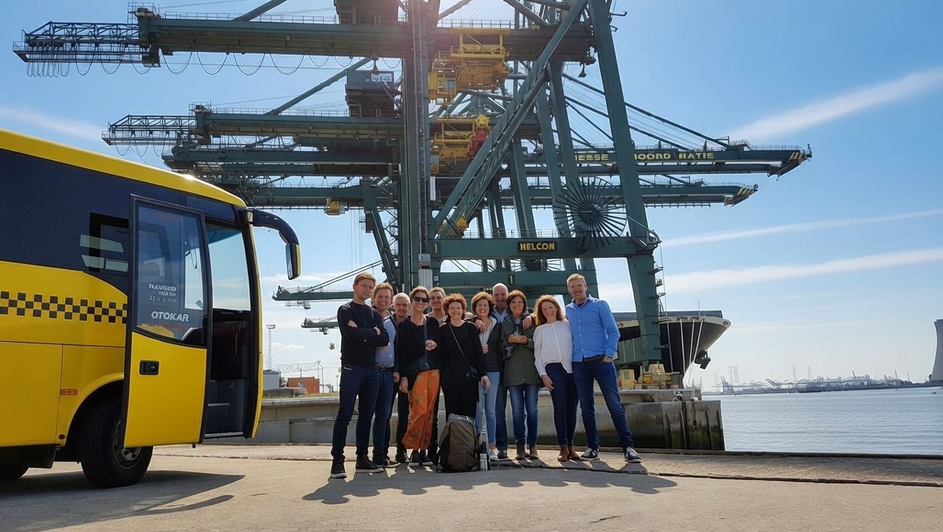Een groep mensen bij een gele bus, poserend voor een grote havenkraan bij het water.