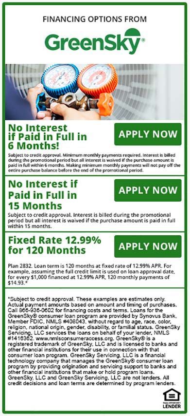Ad for GreenSky financing, with options for no interest if paid in full within 6 or 15 months and a fixed rate of 12.99% for 120 months.