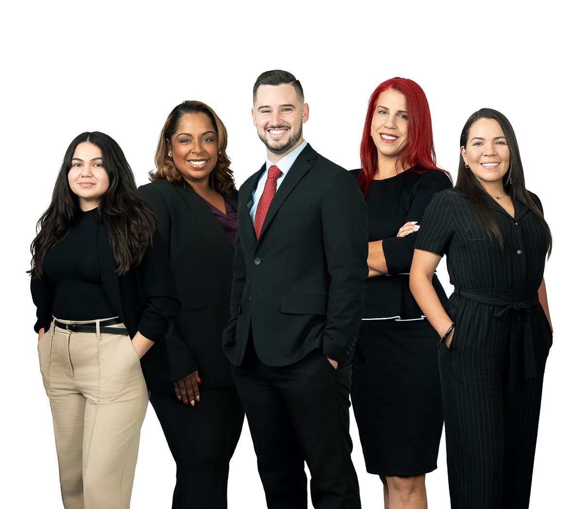 A group of people standing next to each other on a white background.