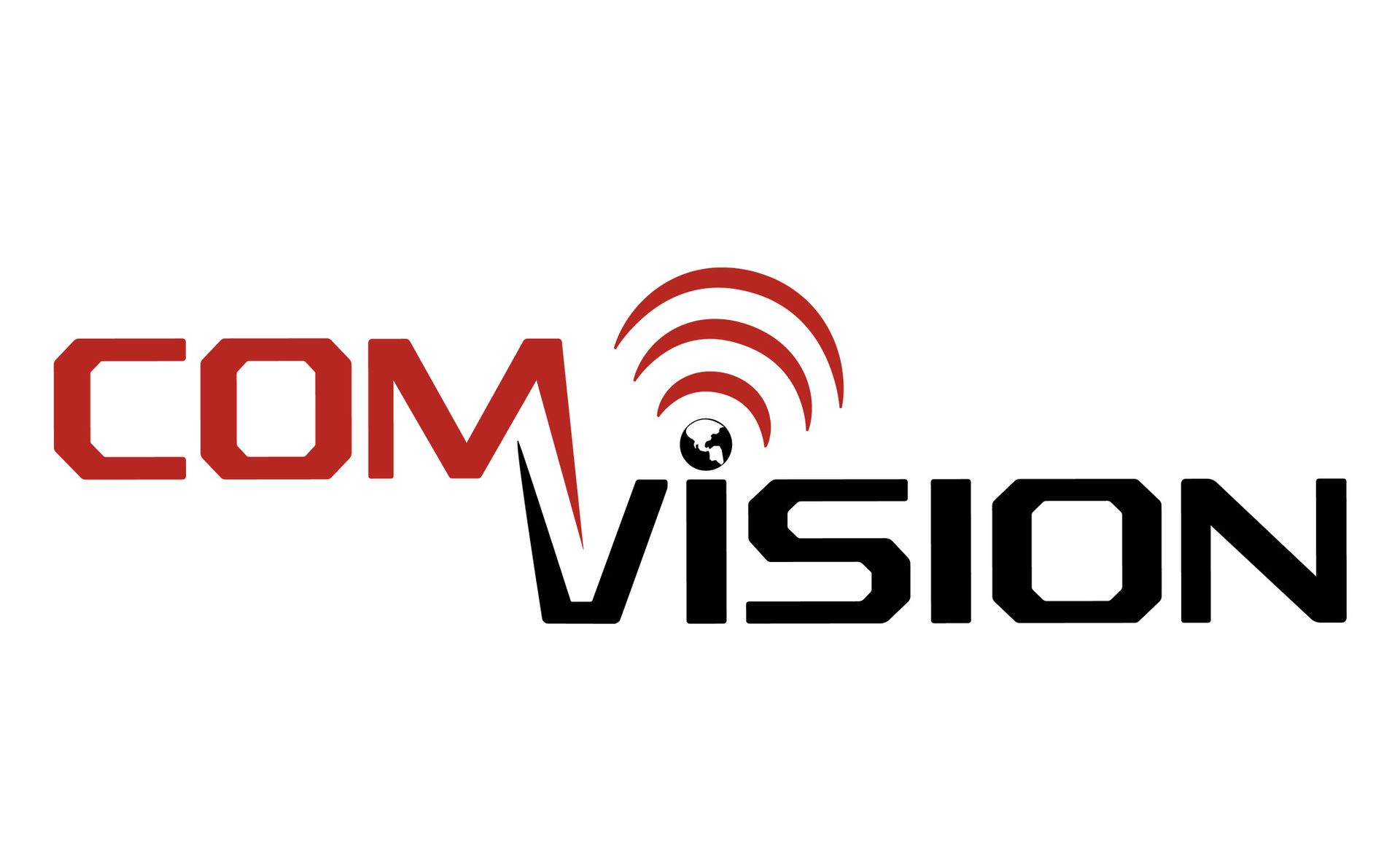 Logotipo de COM VISION en rojo y negro con un icono de señal inalámbrica sobre la “V”.