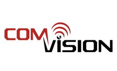 Logotipo de COM VISION en rojo y negro con un icono de señal inalámbrica sobre la “V”.