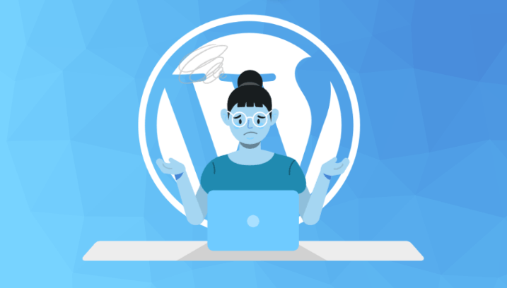 a frustrated woman sitting in front of a laptop with a WordPress logo in the background