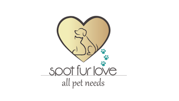 Logo: Heart with dog and cat silhouette, teal paw prints, "Spot Fur Love, all pet needs".