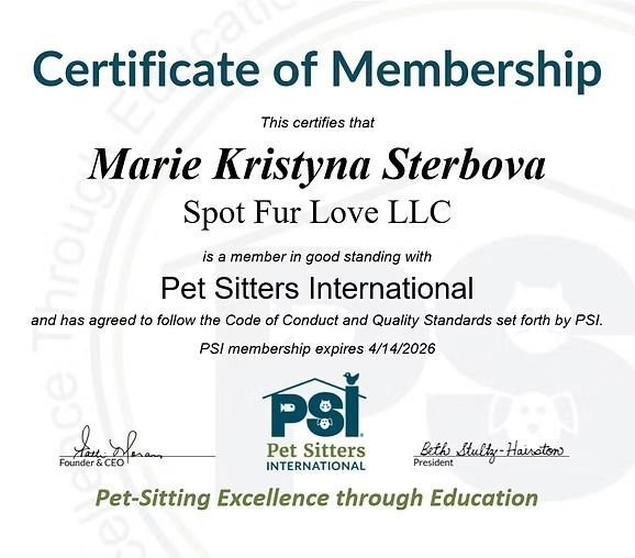 Certificate of Membership for Marie Kristyna Sterbova of Spot Fur Love LLC, a member of Pet Sitters International. Membership expires 4/14/2026.