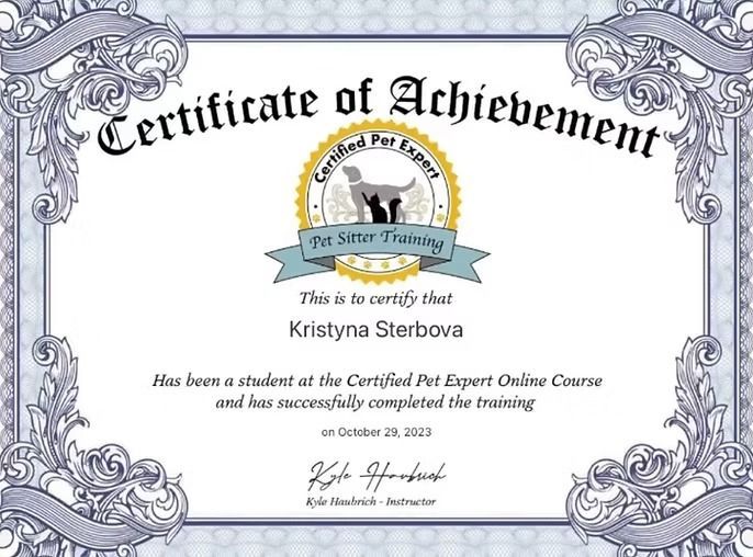 Certificate of Achievement for Kristyna Sterbova, completing the Certified Pet Expert Online Course.