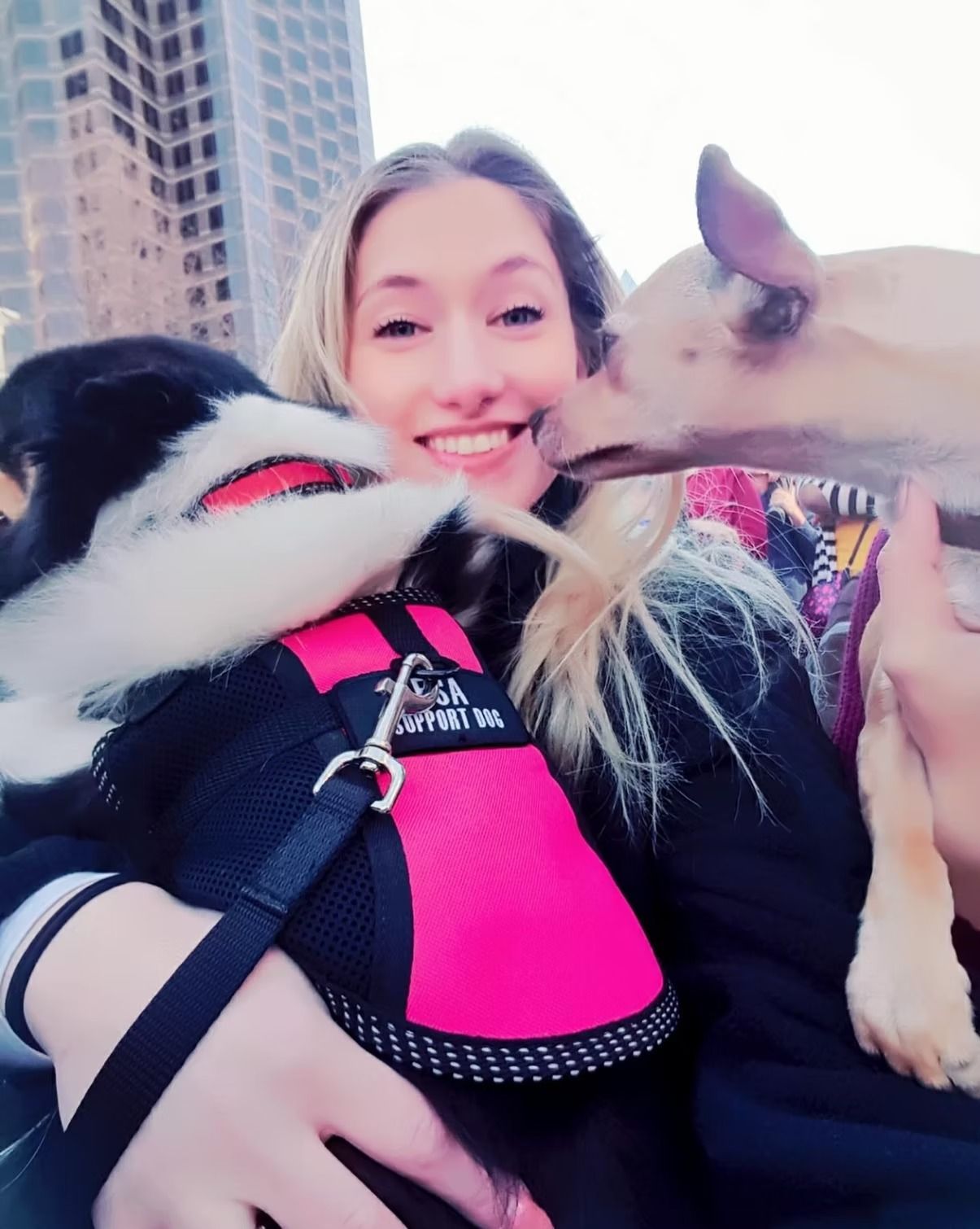 Woman smiles, holding two dogs. One in a pink vest is kissed by the other. Outdoors, city background.