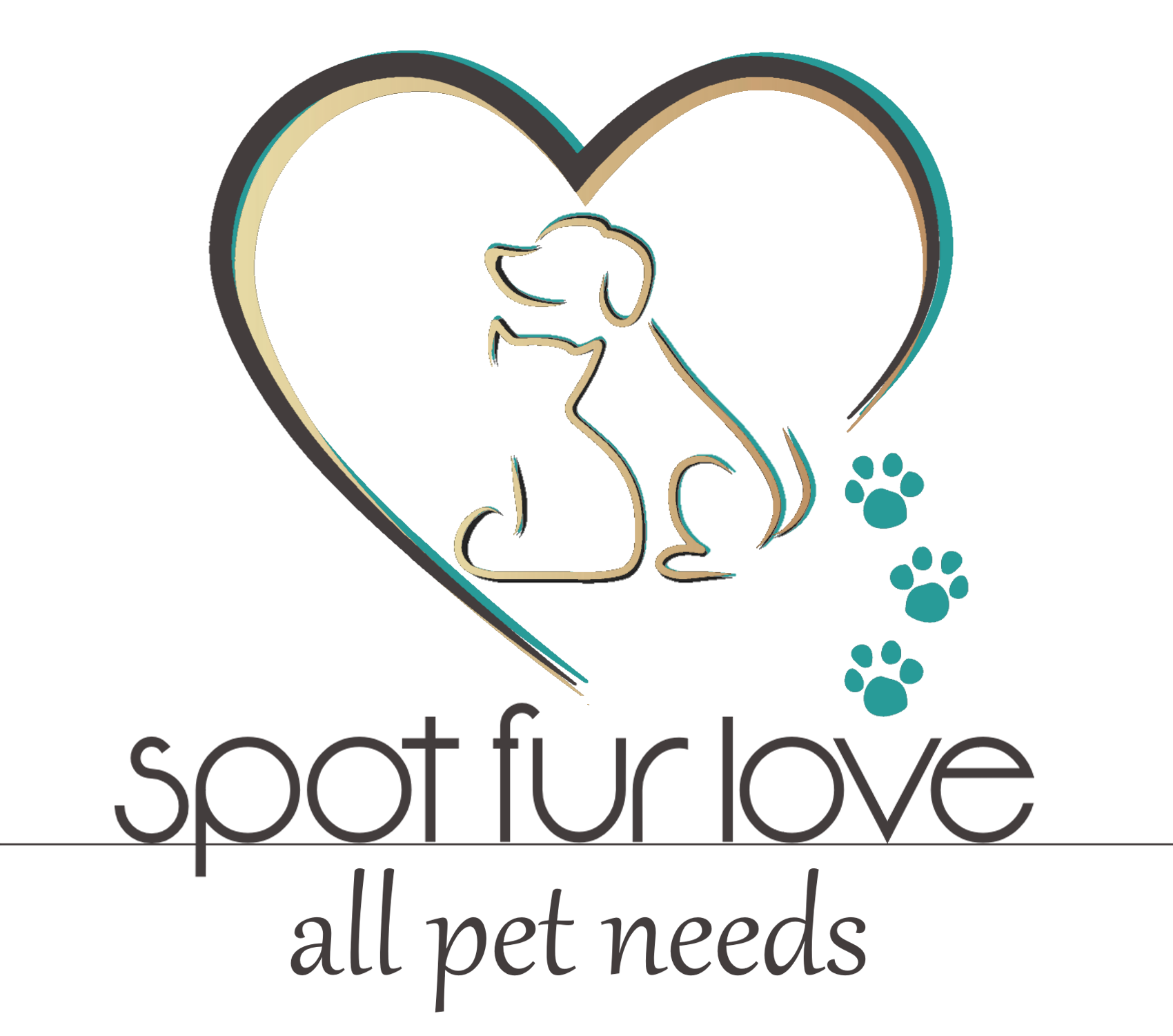 Logo: Heart with dog and cat silhouette, teal paw prints, "Spot Fur Love, all pet needs".