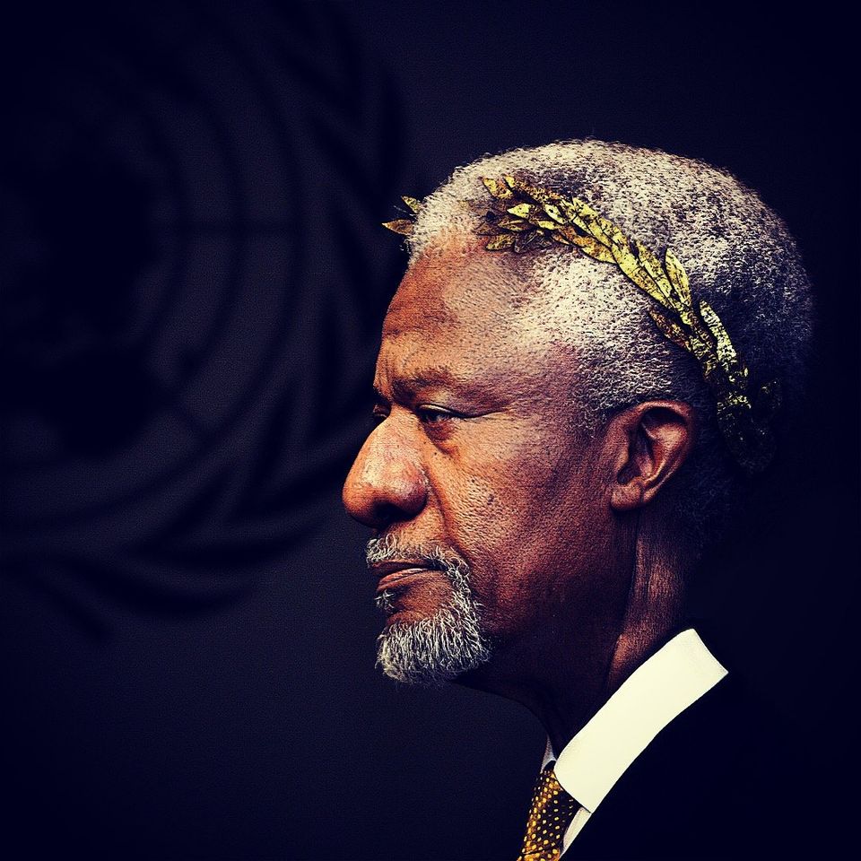 Caricature of Kofi Annan wearing a laurel leaf crown