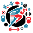 Silhouette of a person running with a dumbbell, surrounded by sports equipment.