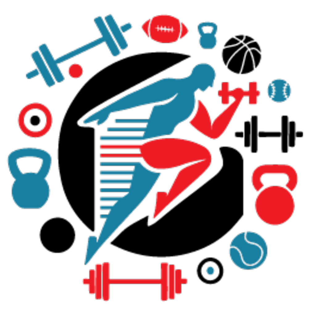 Silhouette of a person running with a dumbbell, surrounded by sports equipment.