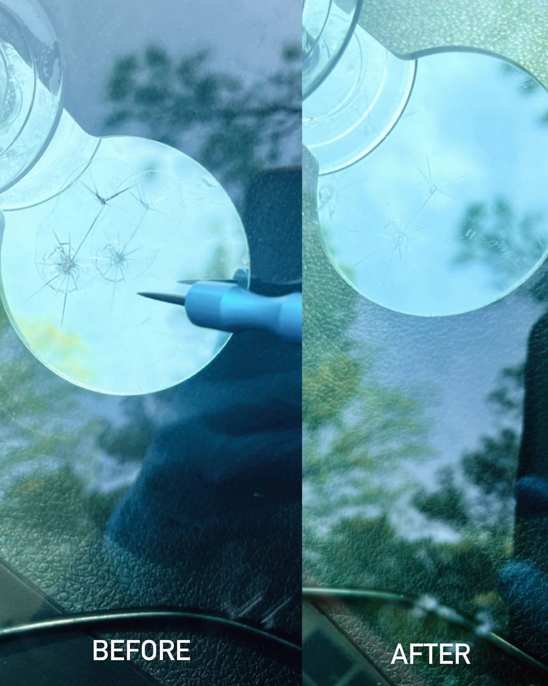 A before and after photo of a broken windshield.