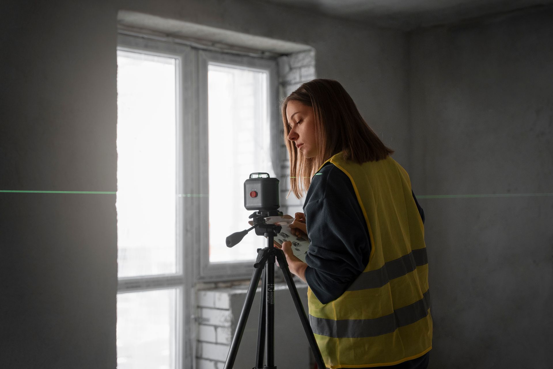 A worker in a yellow safety vest is using a tripod-mounted laser level in an unfinished room in Pettaway.