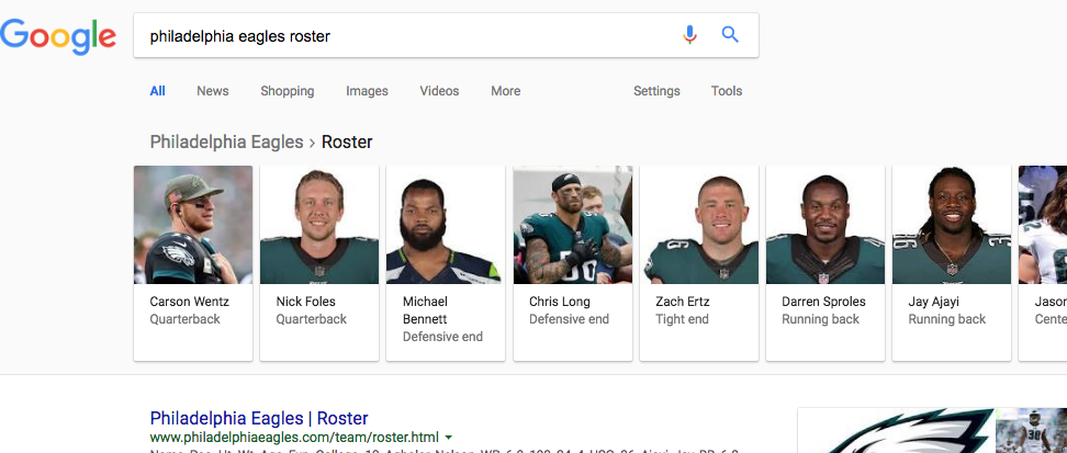 Google Carousel example showing Philadelphia Eagles current roster