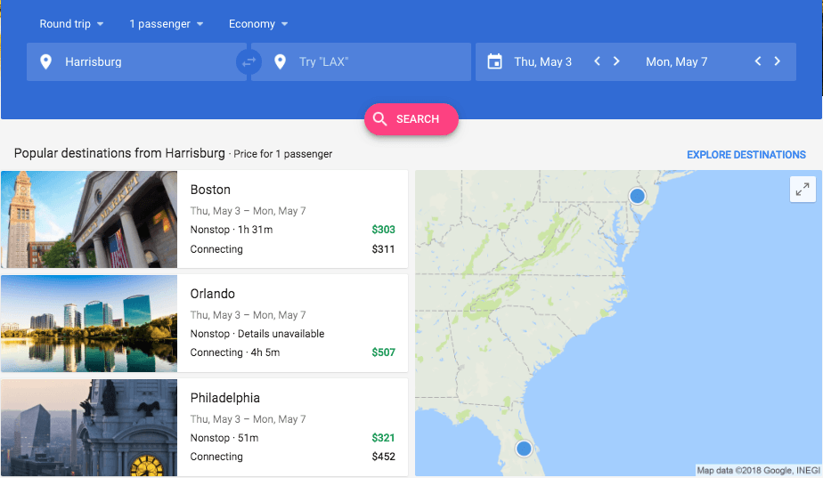 An example of the Google Flights portal