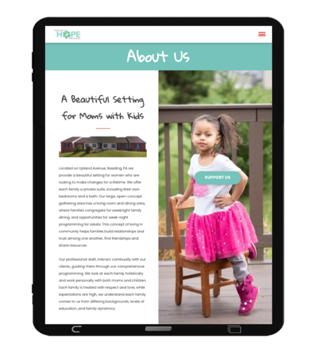 Tablet responsive design view for a website designed for Hannah's Hope Ministries in Reading, PA