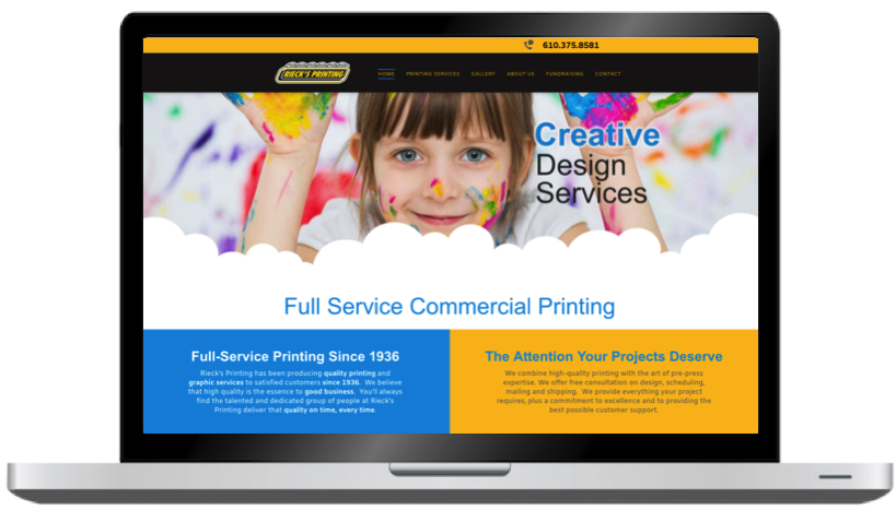 Website Designed for a Commercial Printer in West Reading, Berks County, PA. Top  Portion of Home Page is Shown. Features Include Sliding Images That Slide from Bottom Up, Entering from Behind a Cloud.
