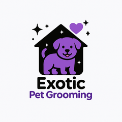 Purple puppy inside a black house with heart and stars, for "Exotic Pet Grooming".