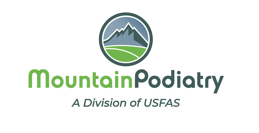 Mountain Podiatry logo: mountains within a circle, green text.