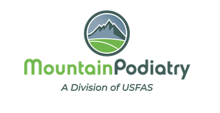 Mountain Podiatry logo: mountains within a circle, green text.