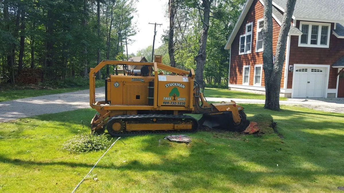 A stump grinder is sitting in the grass in front of a house.