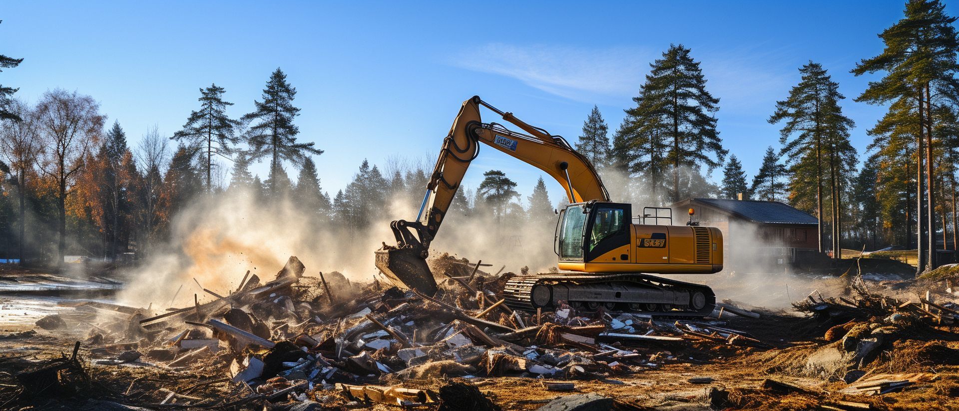 A yellow excavator is moving dirt on a construction site.