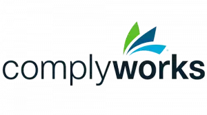 A logo for comply works with a blue and green leaf on a white background.