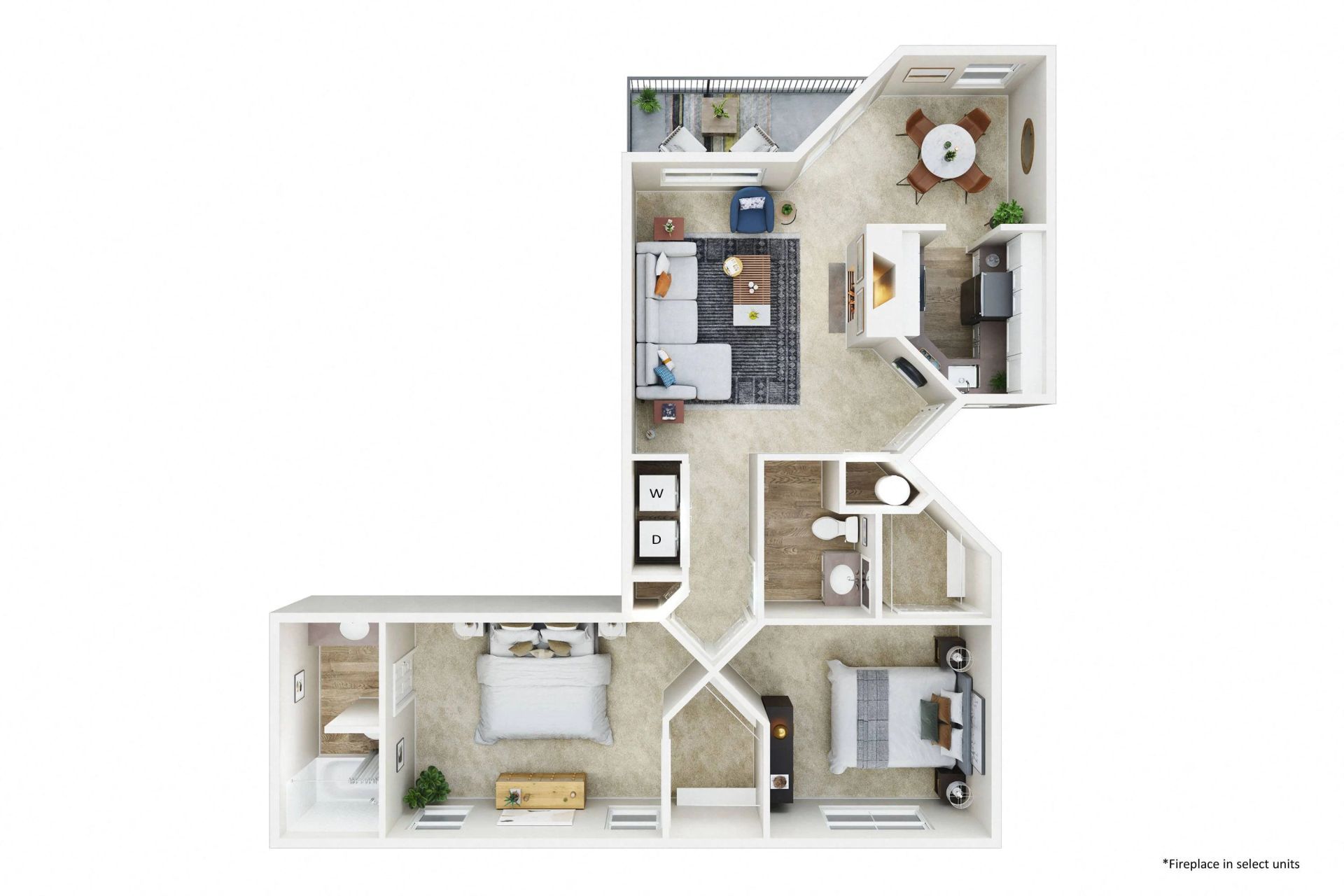 Floor plan of a two-bedroom apartment, with living room, kitchen, dining area, two bathrooms, and closets.