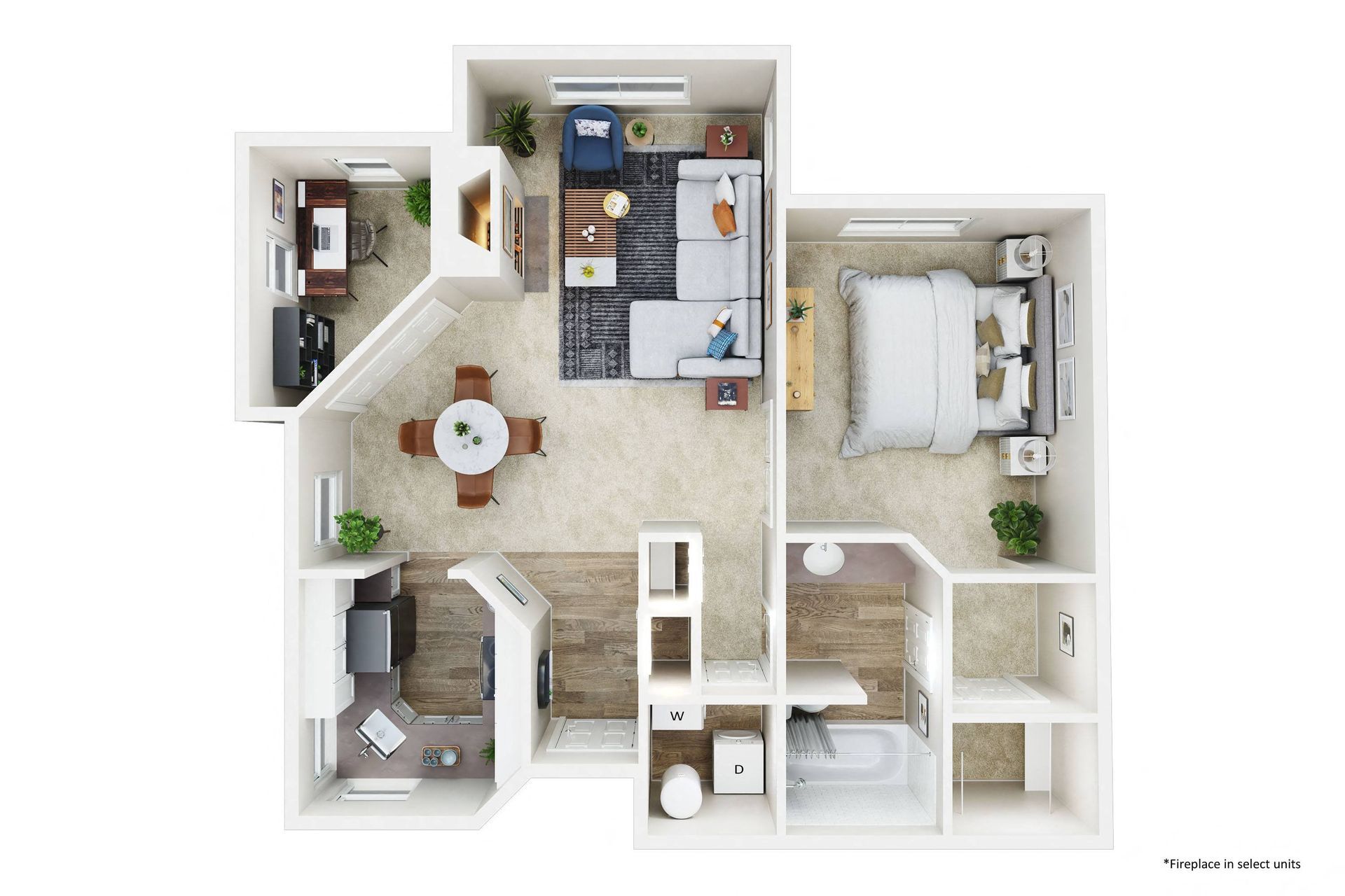 Top-down view of a furnished one-bedroom apartment floor plan with living room, bedroom, office, and kitchen.