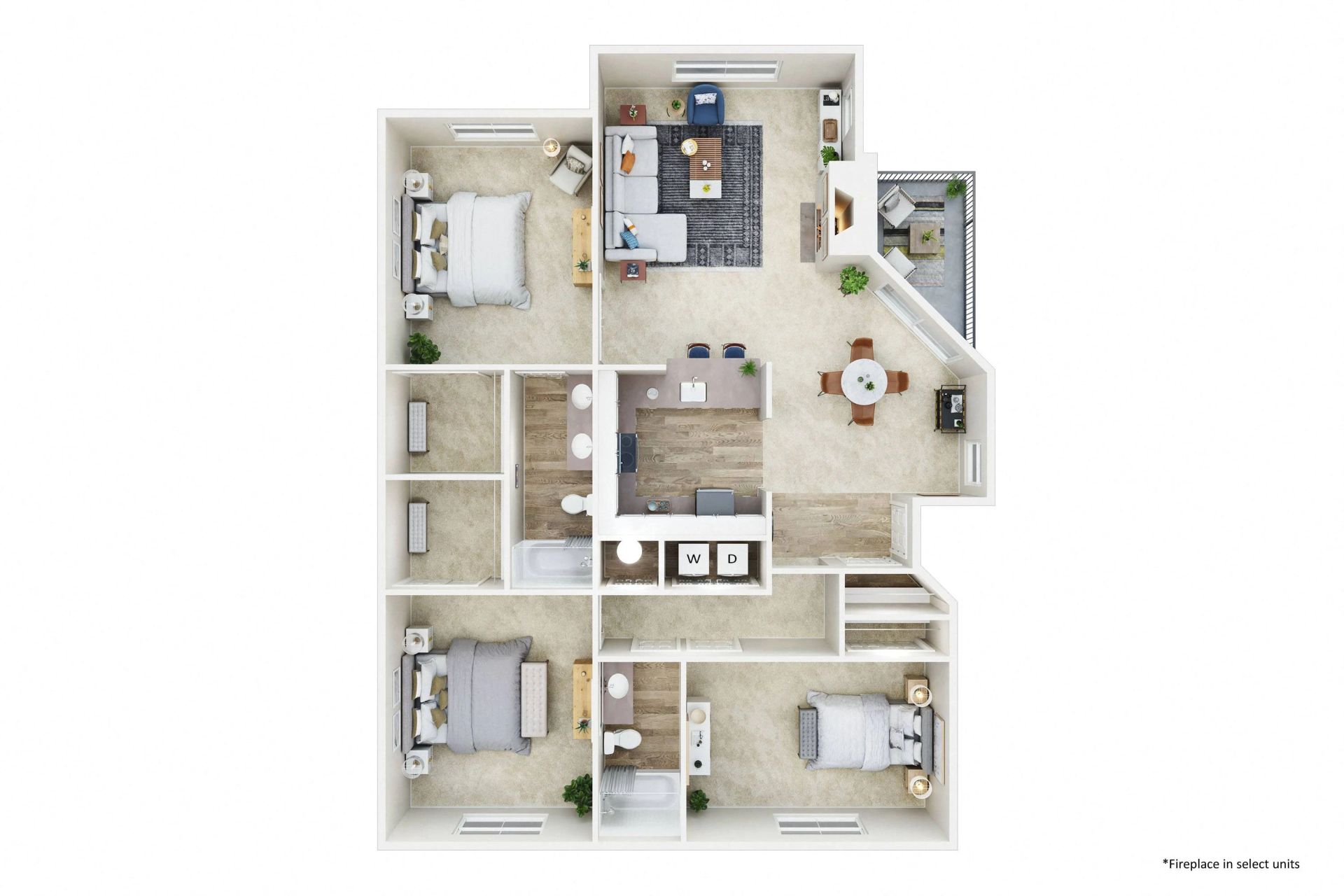 Floor plan of a multi-room apartment. Rooms include bedrooms, bathrooms, a kitchen, a living room, and a balcony.