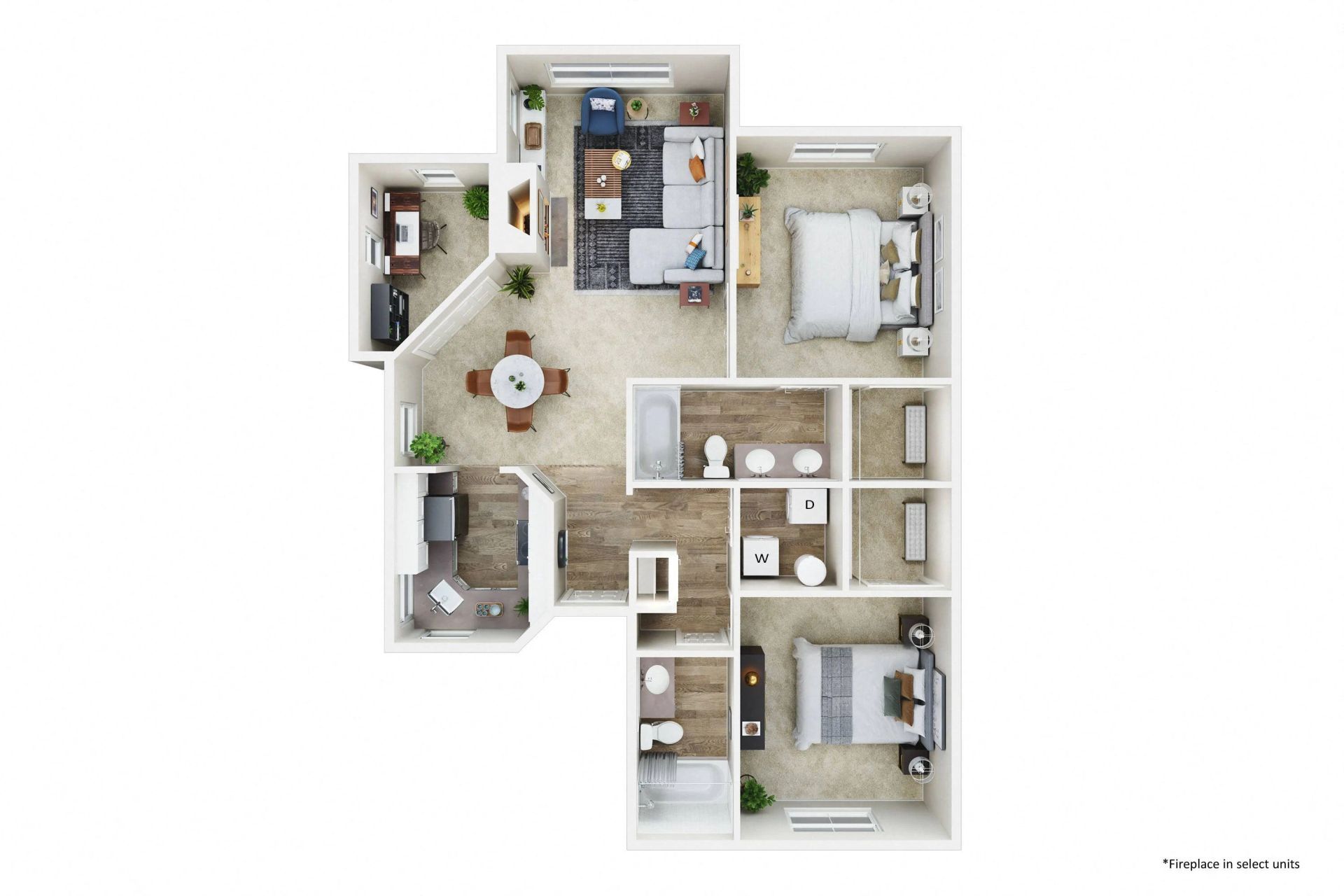Floor plan of a two-bedroom apartment, rendered in neutral tones.