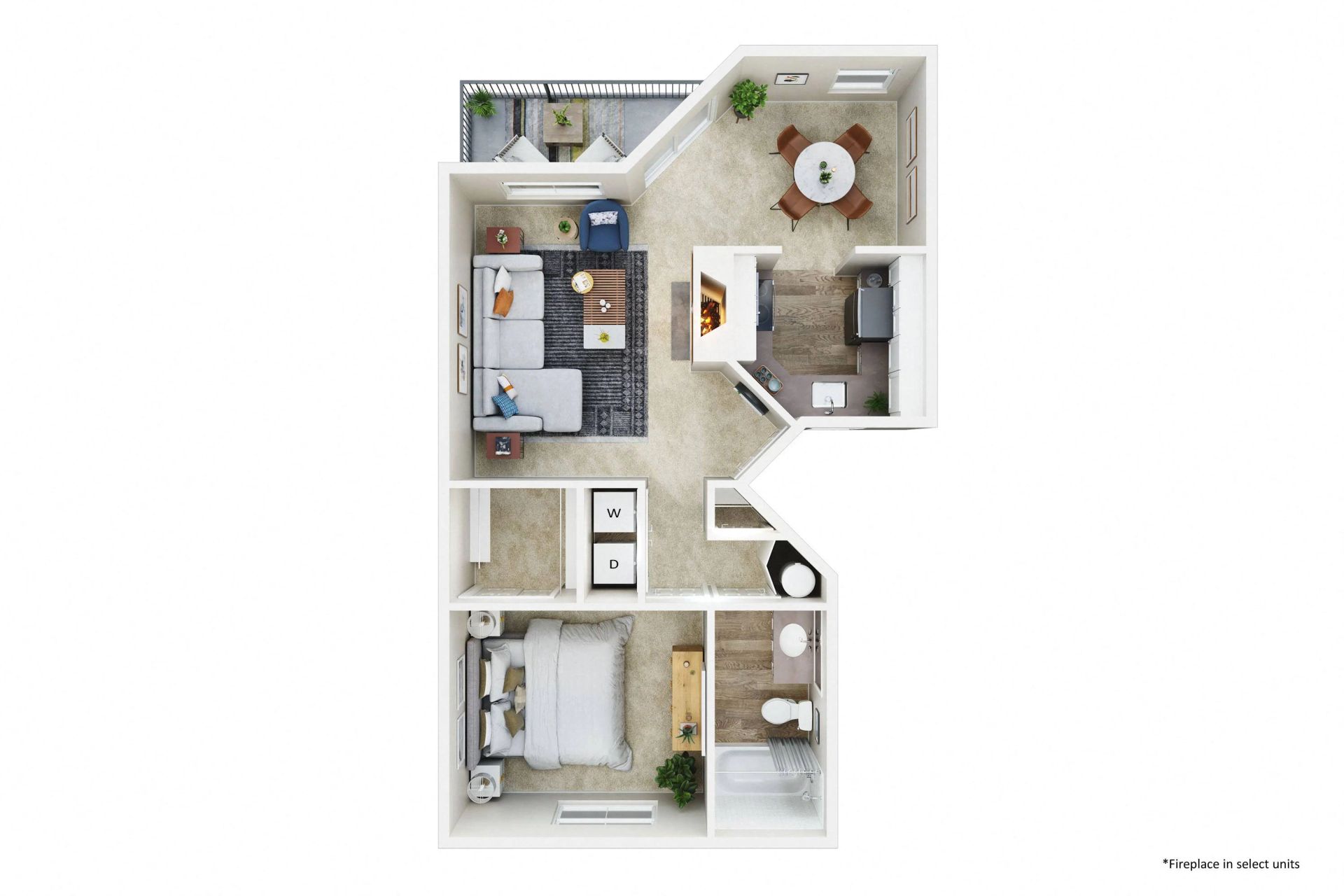 Floor plan of an apartment with a bedroom, living room, kitchen, dining area, bathroom, and balcony.